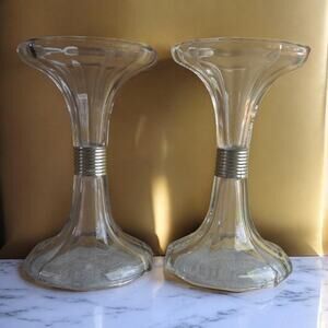Pair Clear Glass Trumpet Candle Holders Silver Band Flared Pillar Votive